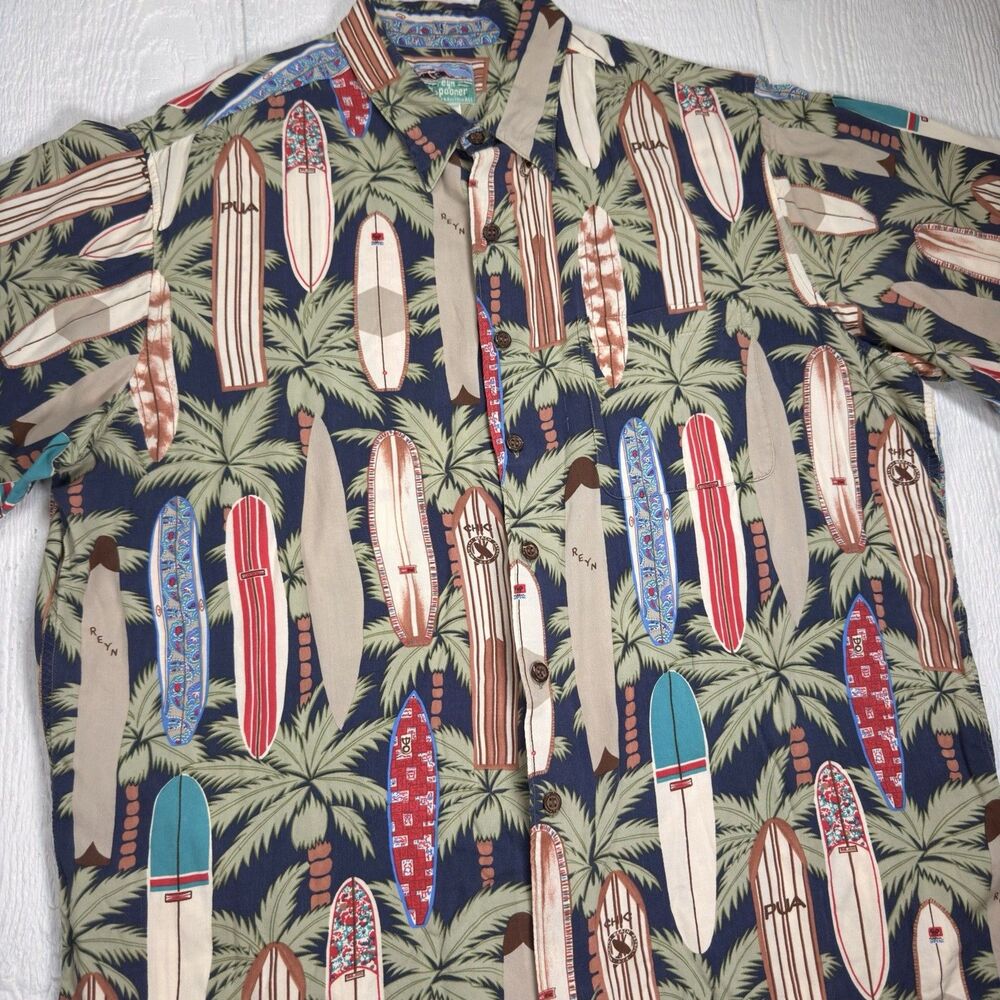 VTG Reyn Spooner Surfboard Palm Tree Hawaiian Aloha Shirt Rayon USA Mens XL